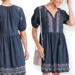 Knox Rose Short Sleeve Embroidered blue Dress XS